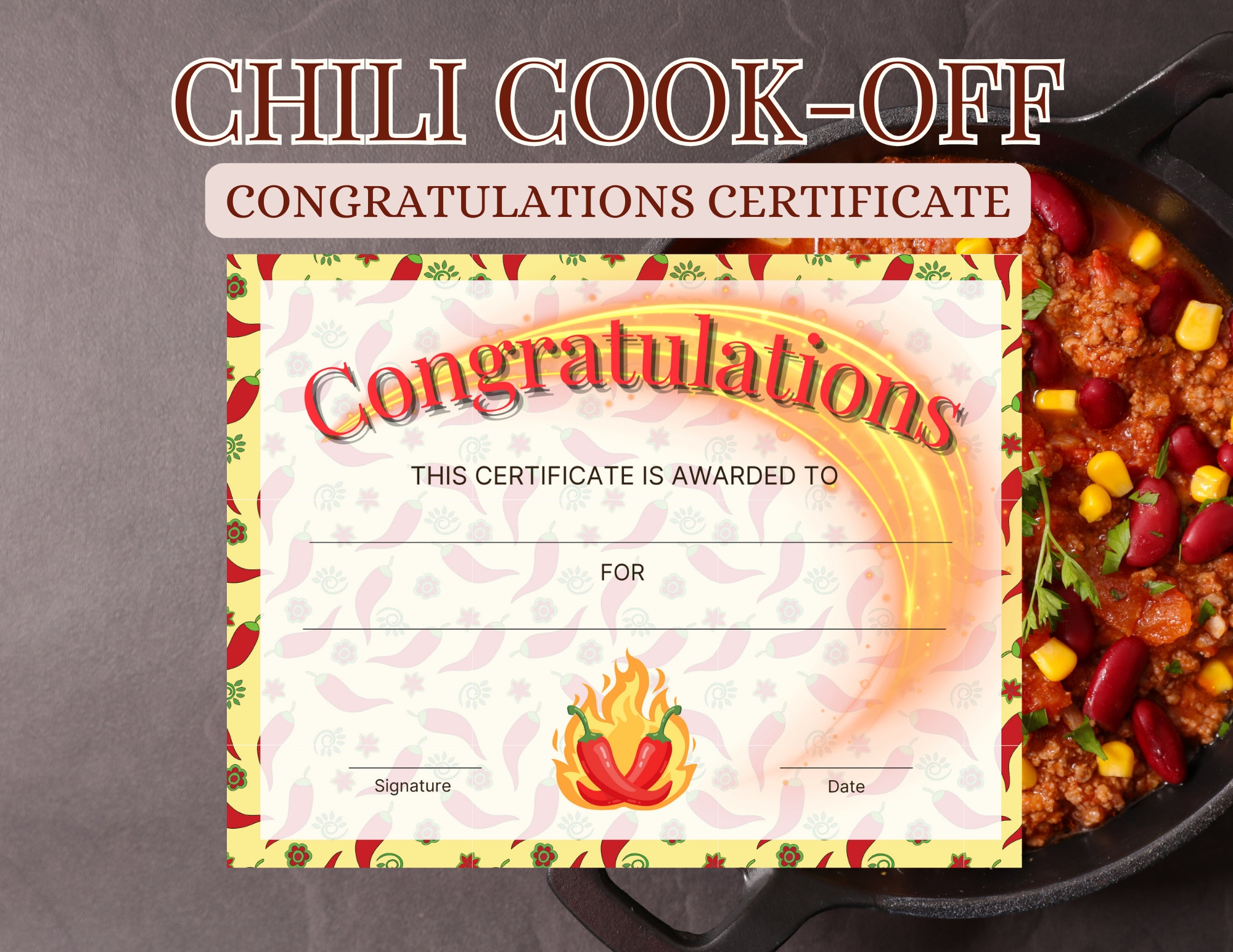 Printable Chili Cook off Certificate Award Winner Of Games Best Chili Award Cook Off Award Printable For Number One Chili Potluck Award Etsy