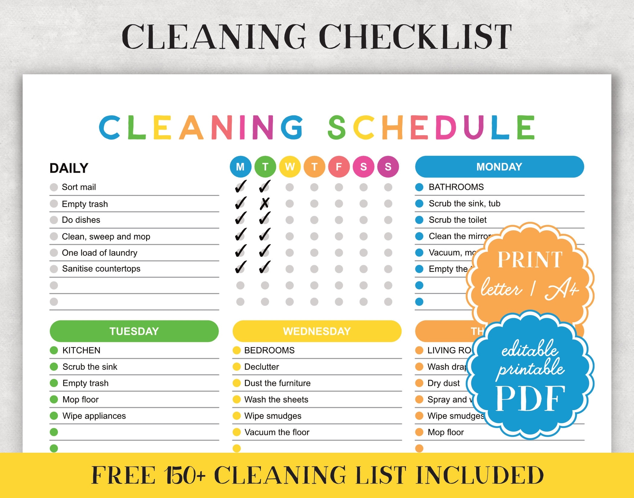 Printable Cleaning Schedule Checklist Editable Daily Weekly Monthly Planner PDF Family Chore Chart Template Etsy