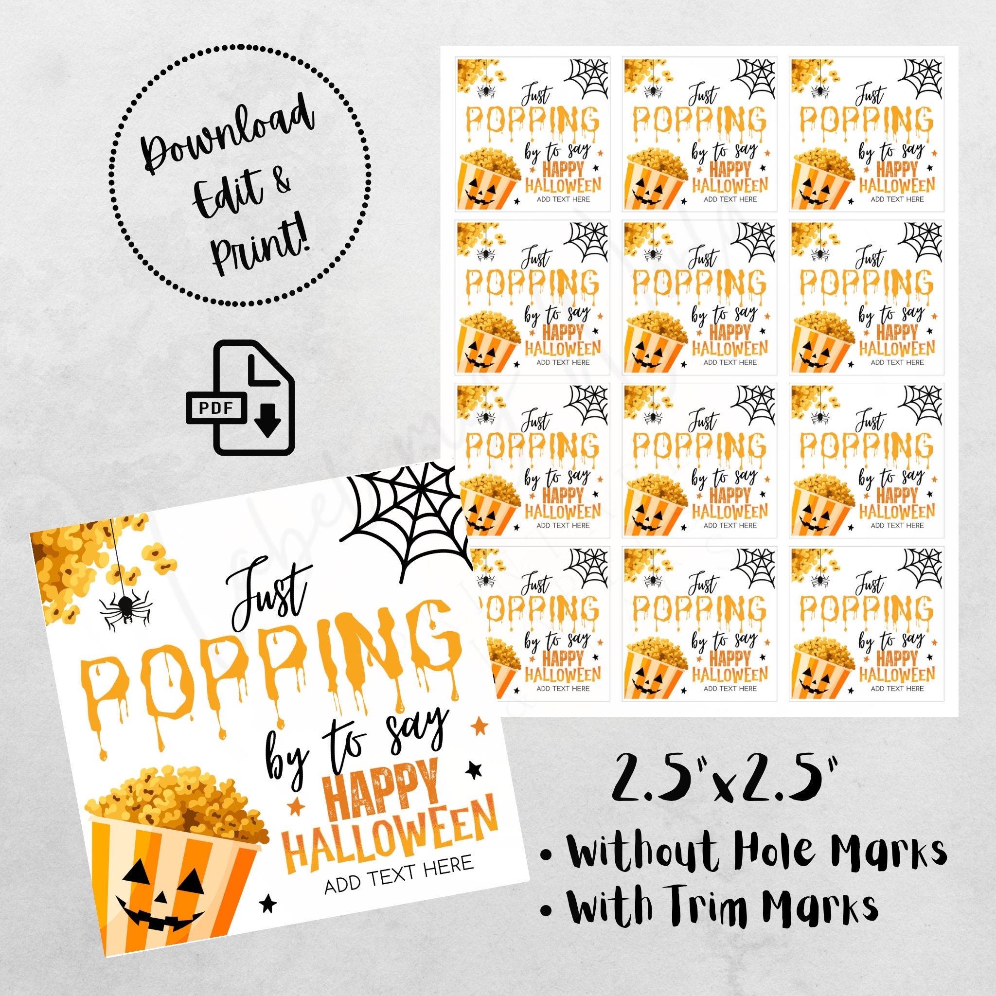 Printable editable Just Popping By To Say Happy Halloween Gift Tags Halloween Popcorn Treat Bag Tag Happy Halloween Square Hang Tags PDF Etsy