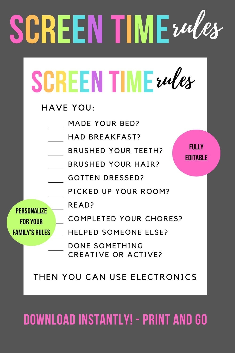 Printable Editable Screen Time Rules For Kids Screentime Rules Screen Time Rules Editable Screen Time Checklist Instant Download Etsy