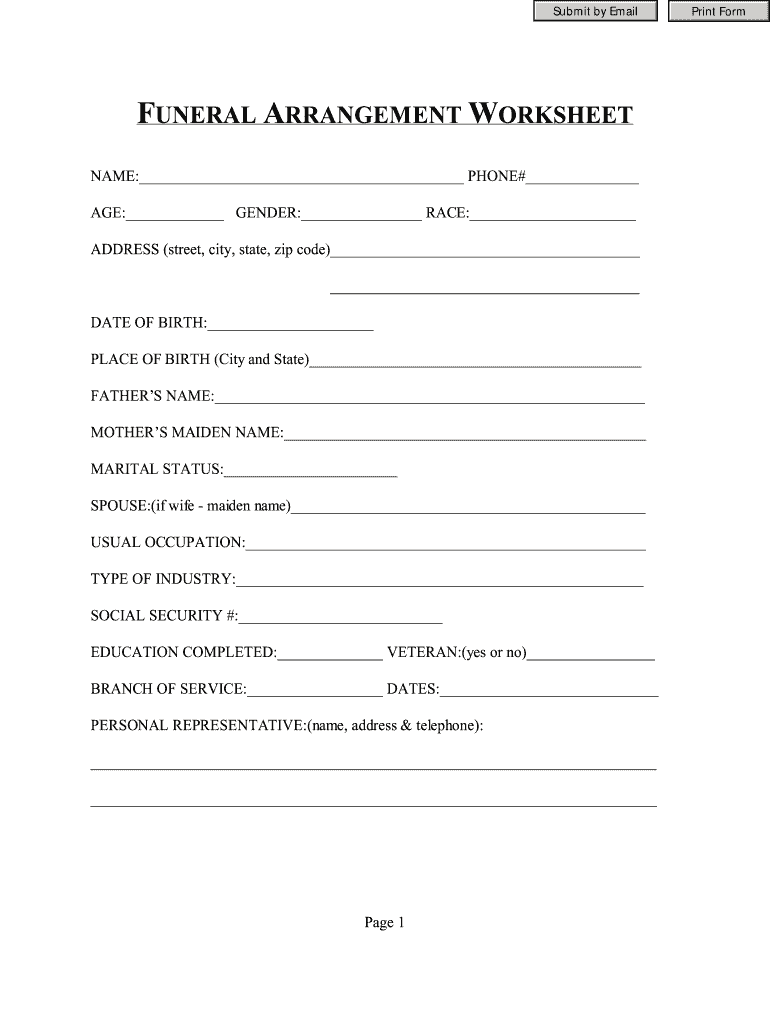 Printable Funeral Pre Planning Worksheet Fill Online Printable Fillable Blank PdfFiller