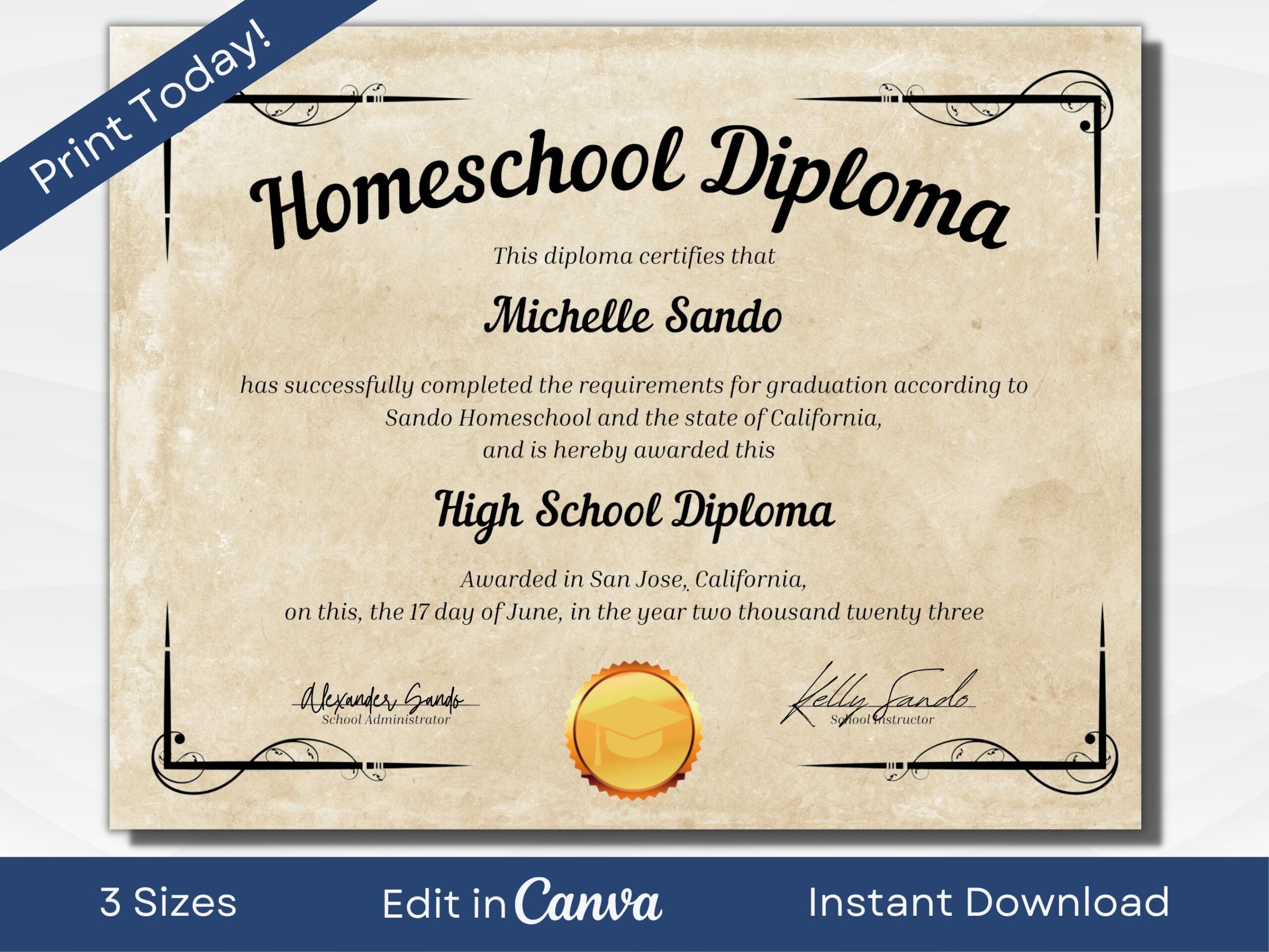 Printable Homeschool Diploma Template Editable High School Diploma Milestone Keepsakes A4 US Letter 11x14 Inches Instant Download Etsy
