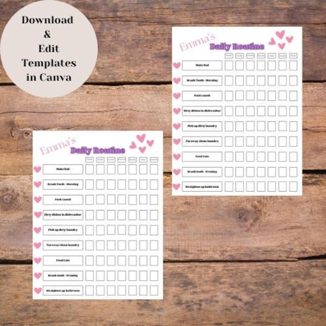 Printable Kids Daily Routine Chart editable Girls Daily Schedule Template Two Templates Sunday Start And Monday Start Fully Customizable Etsy