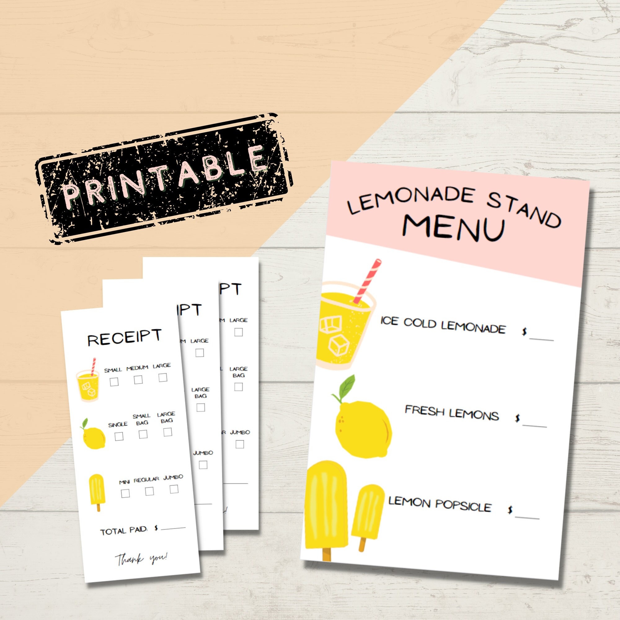 Printable Lemonade Stand Menus And Receipts For Kids Creative Play Pretend Lemon Theme Menu Receipts For Kids Etsy