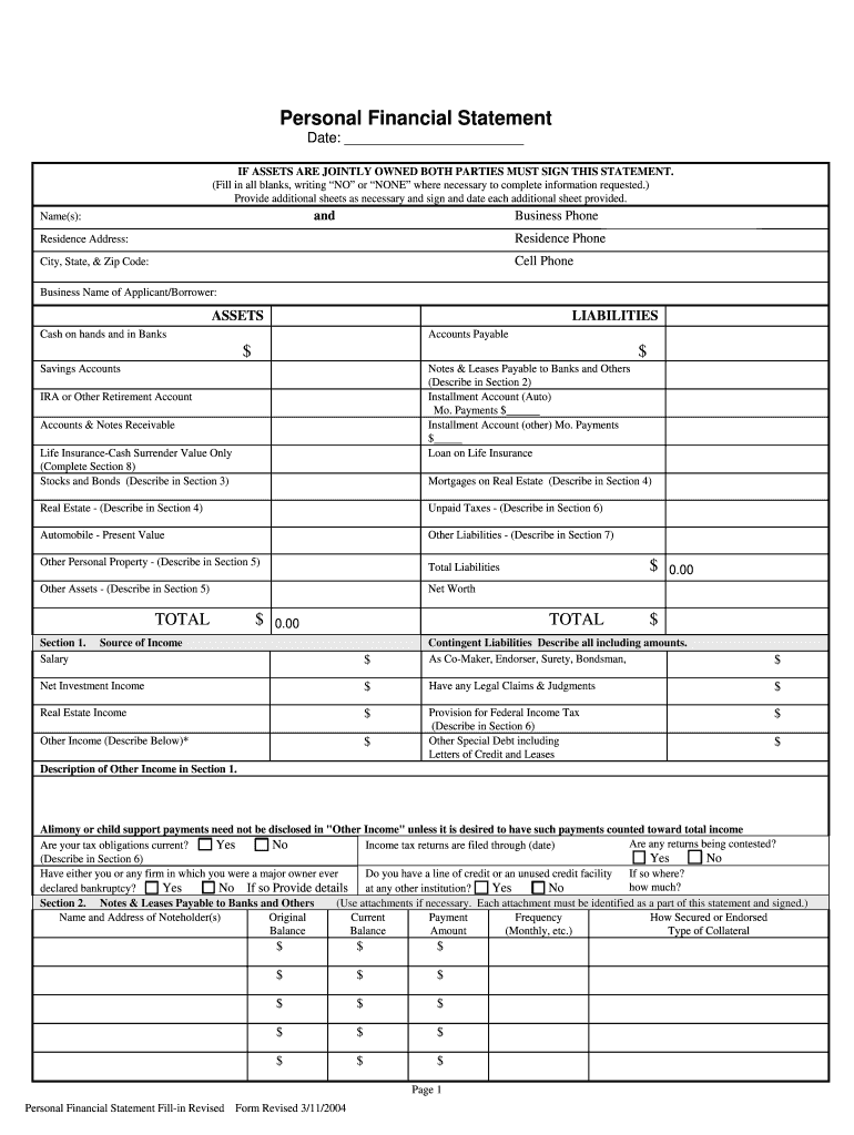 Printable Personal Financial Statement Fill Online Printable Fillable Blank PdfFiller