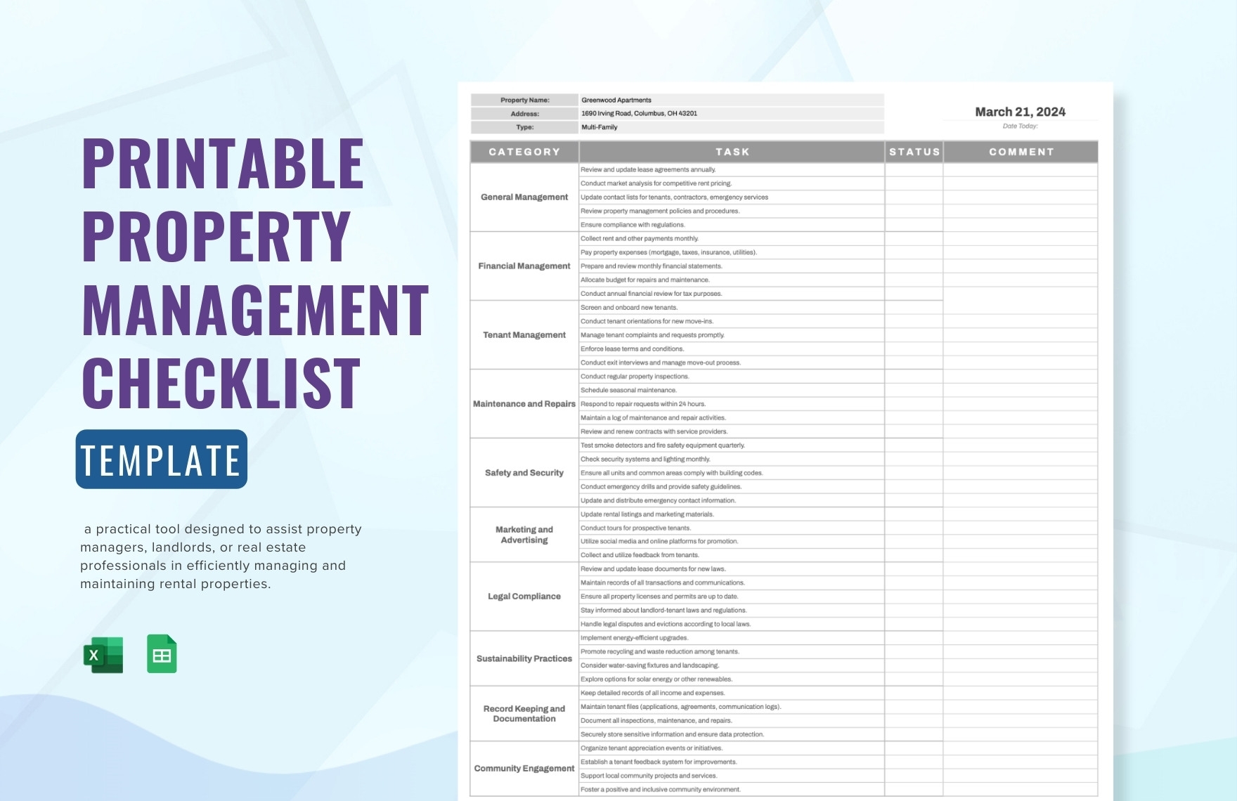 Printable Property Management Checklist Template In Excel Google Sheets Download Template
