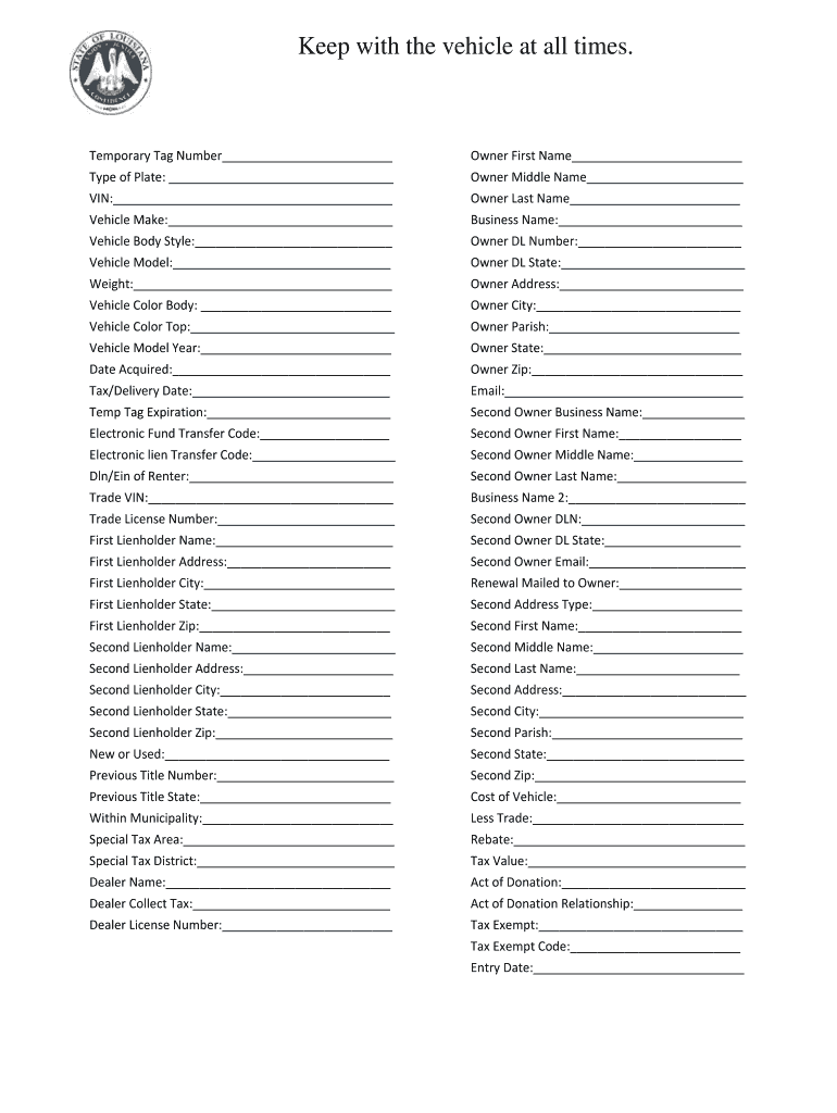 Printable Temporary License Plate Louisiana Fill Out Sign Online DocHub