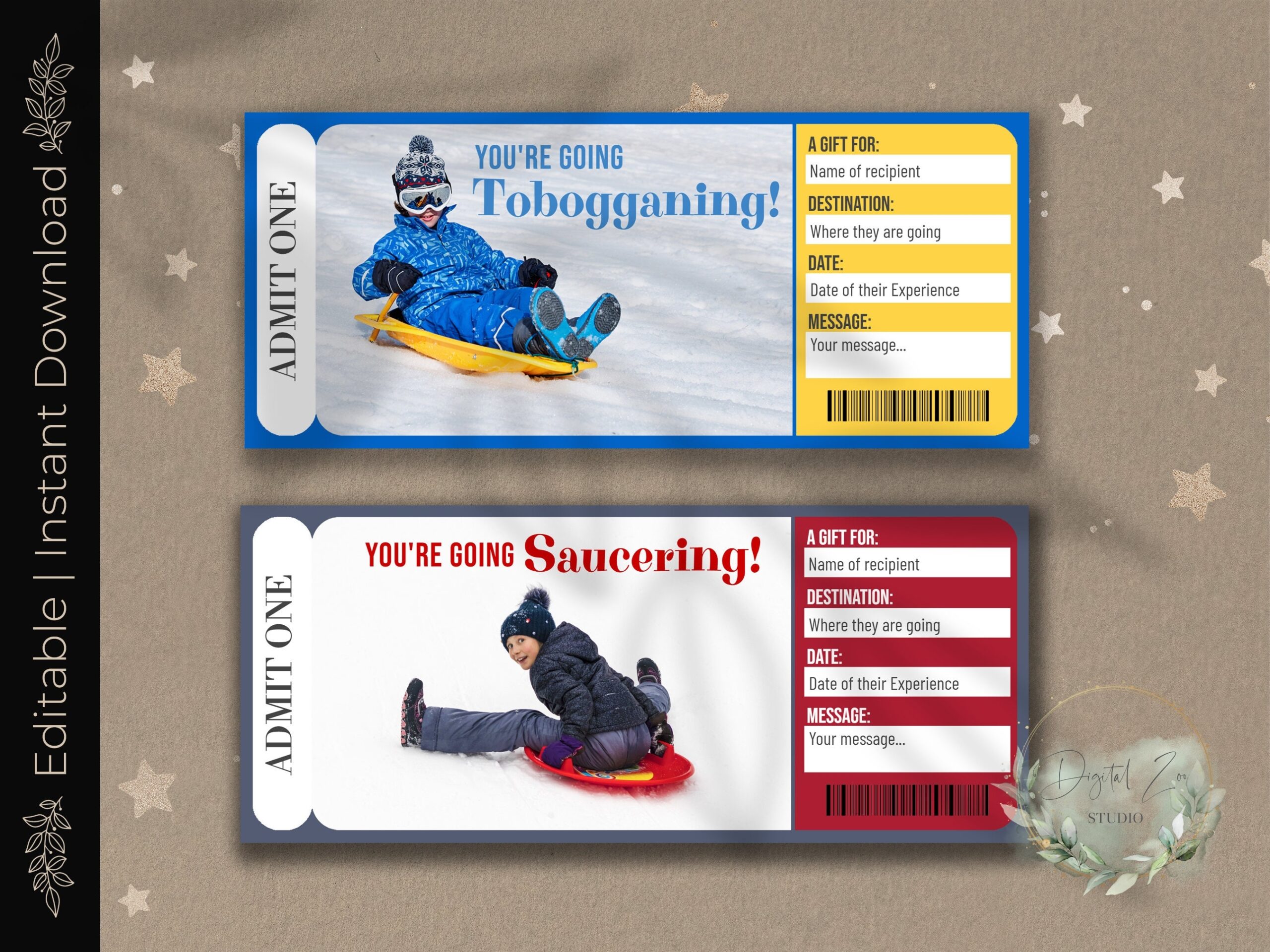 Printable TOBOGGANING Or SAUCERING Surprise Reveal Ticket Gift Voucher Editable Event Ticket Template Toboggan Snow Saucer Download DIY Etsy