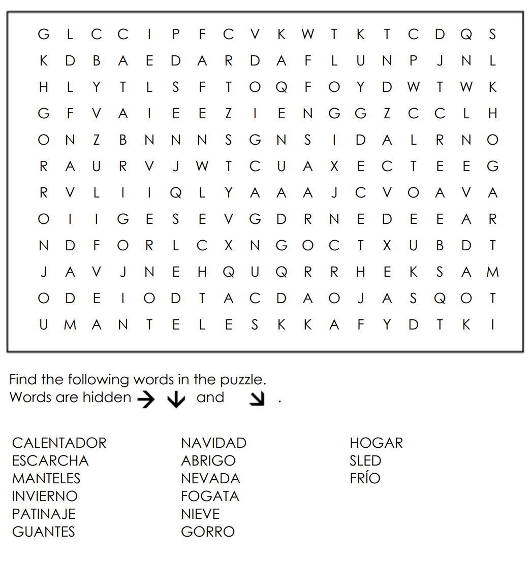 Printable Word Search Puzzle In Spanish Winter SpanishForNoobs