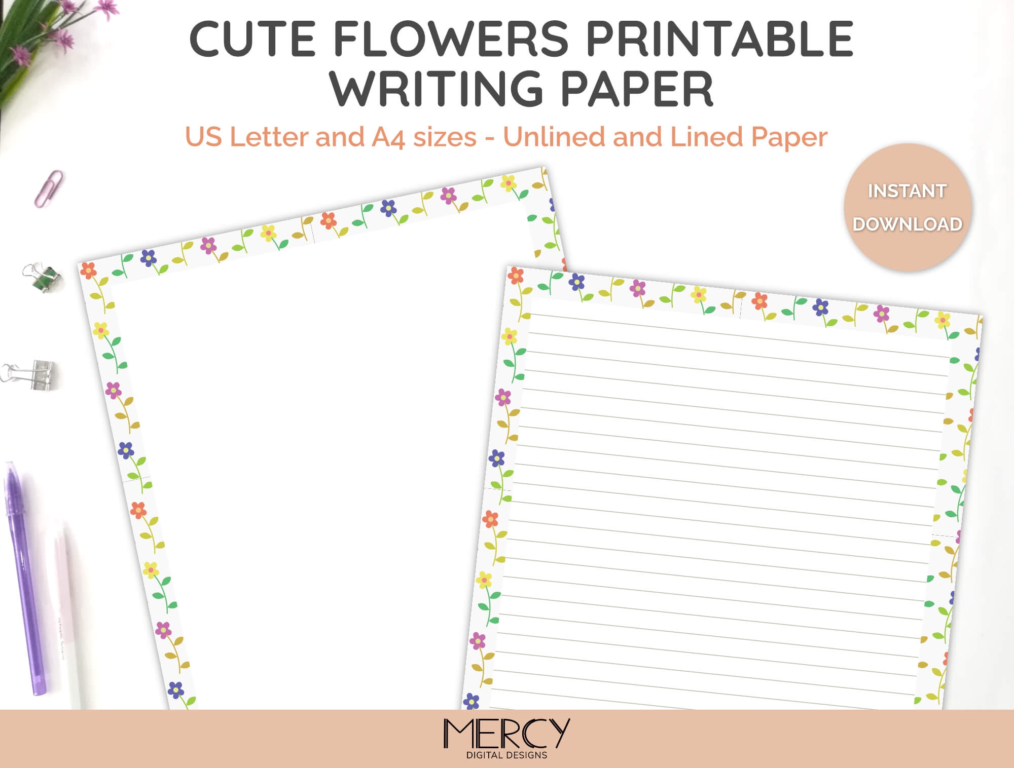 Printable Writing Paper With Borders Cute Flowers Mercy Digital Designs