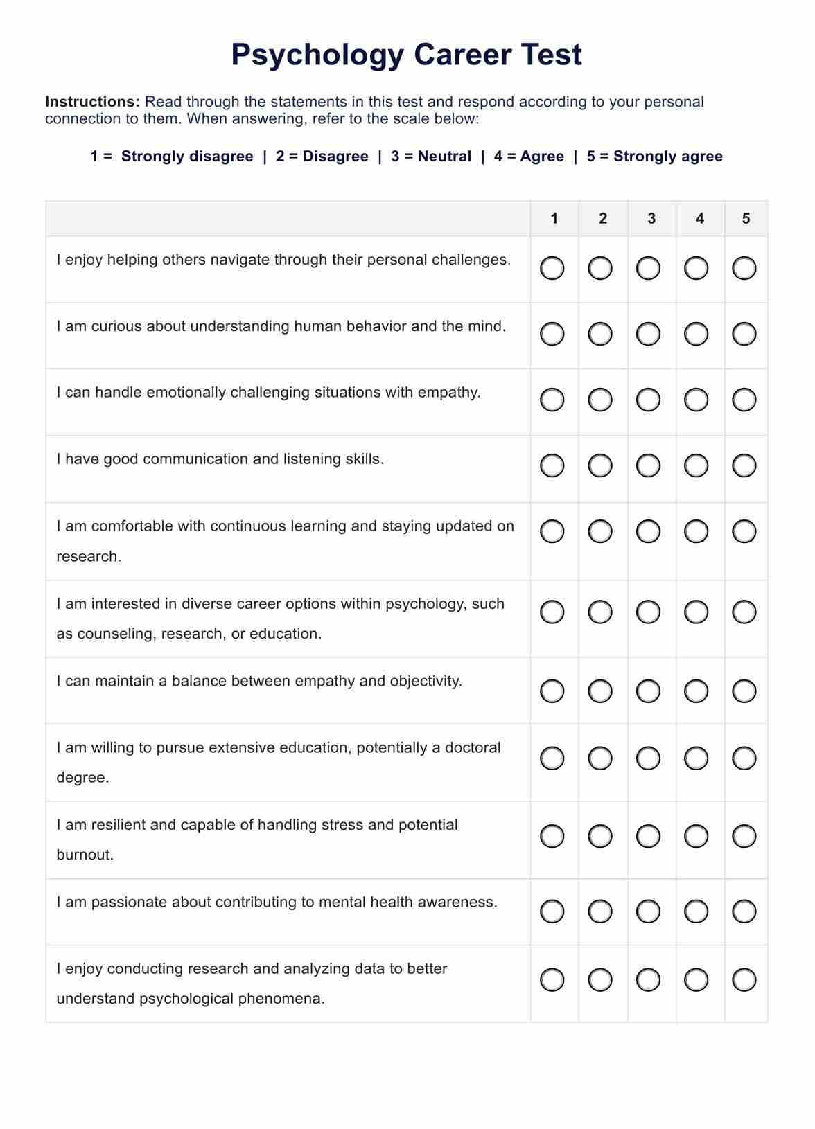 Psychology Career Test Example Free PDF Download