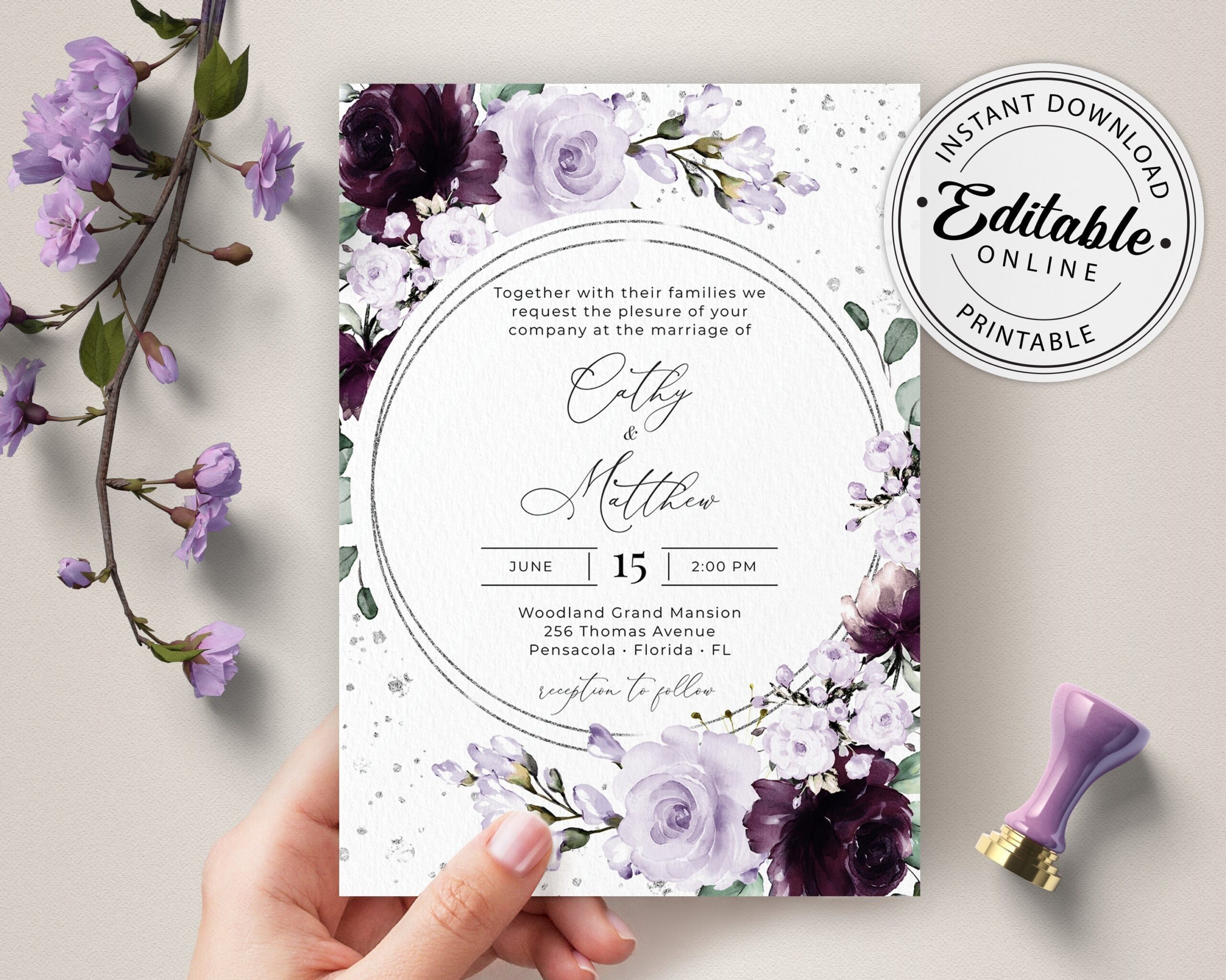 Free Wedding Invitations Templates Printable Lavender Violet Editable