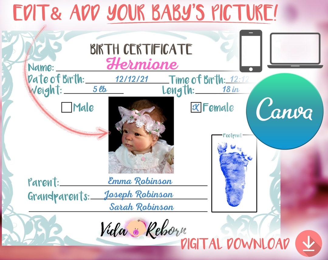 Reborn Baby Doll Birth Certificate with Your Doll s Picture Printable Custom Your Photo Here Instant Download Reborn Doll Accessories Etsy