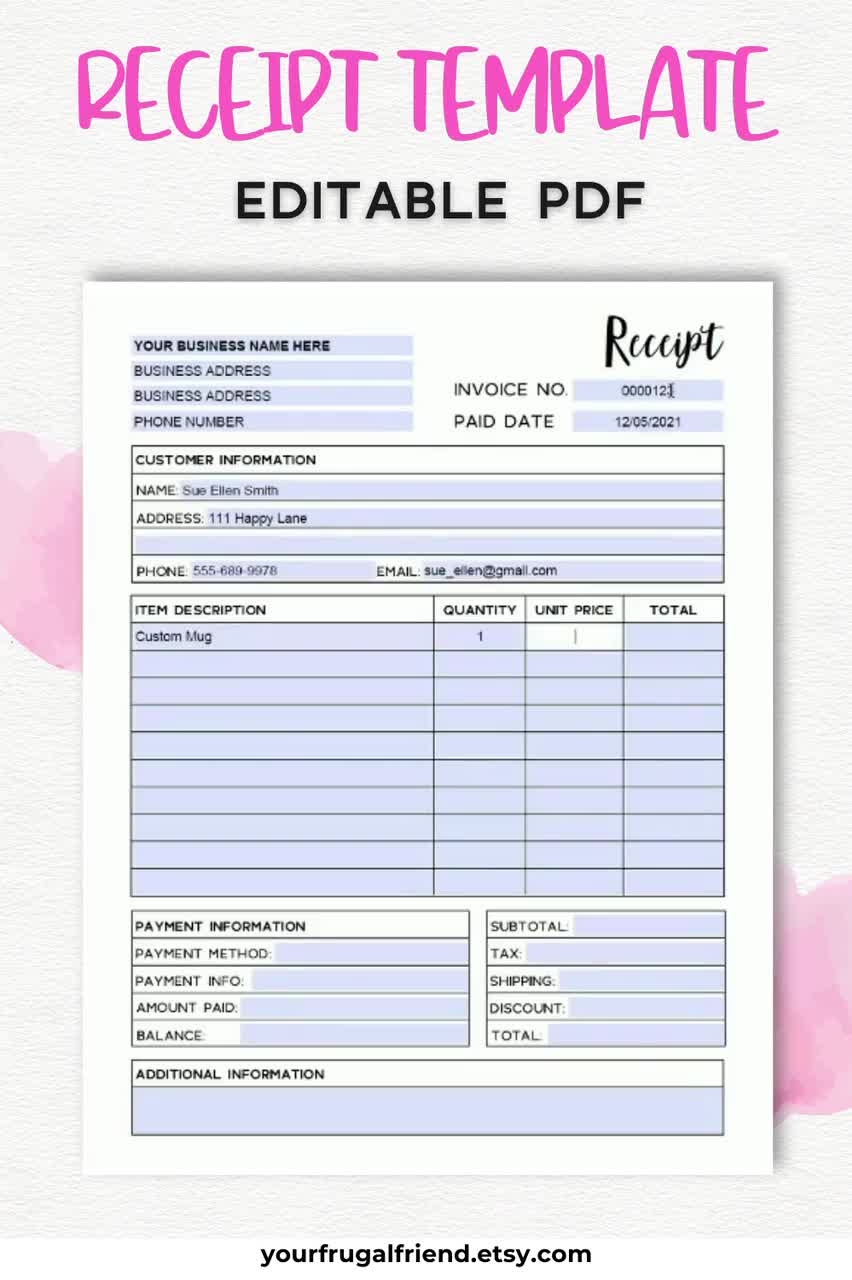 Receipt Template Editable Printable Order Receipt Editable PDF Etsy