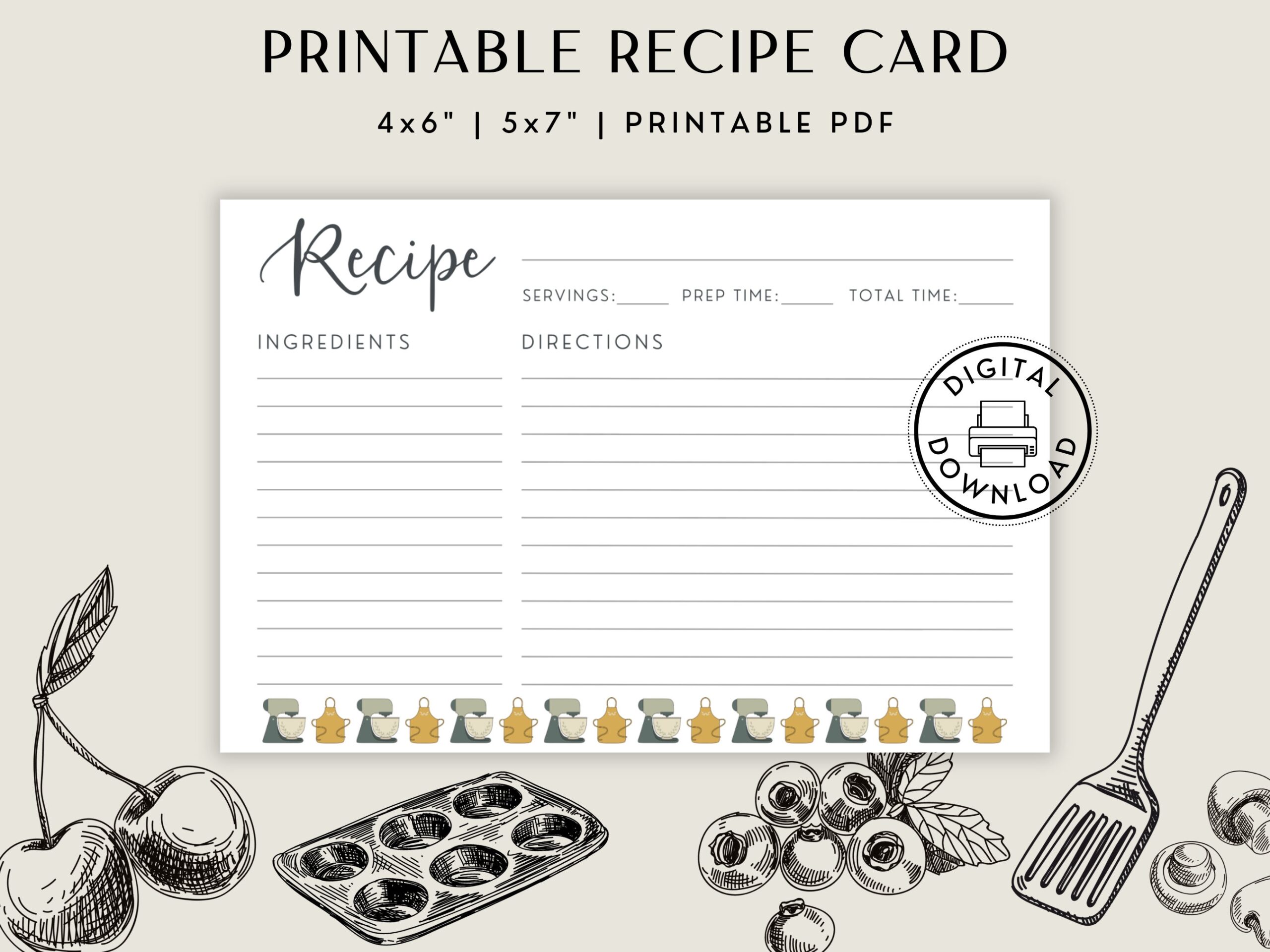 Recipe Card Template Printable Recipe Card For Recipe Boxes And Binders Two Sizes 6x4 And 7x5 Instant Download After Purchase Etsy