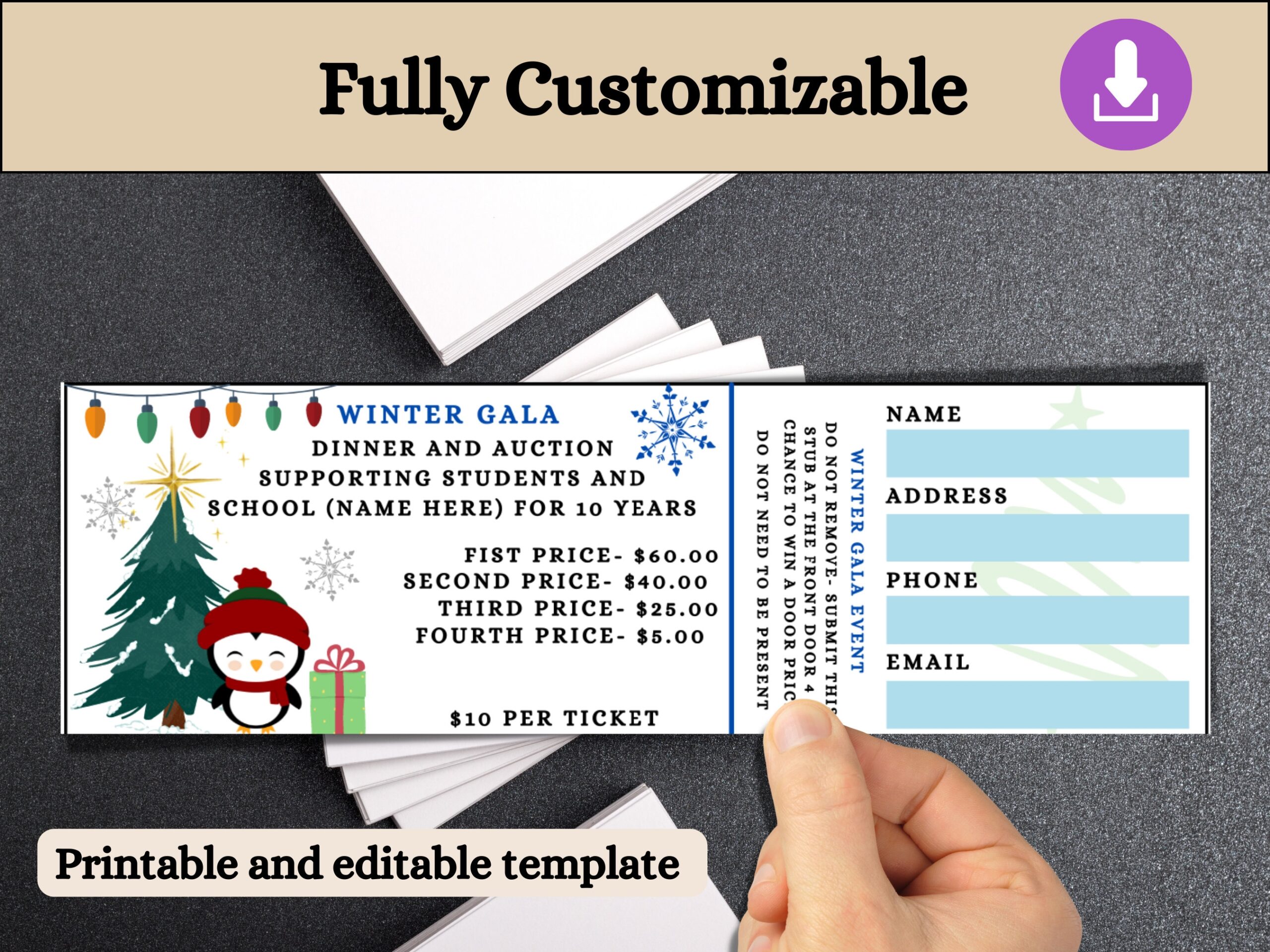 Red Green And Blue Ticket Printable Raffle Editable Template Ticket Diy Ticket Custom Ticket Winter Gala Etsy