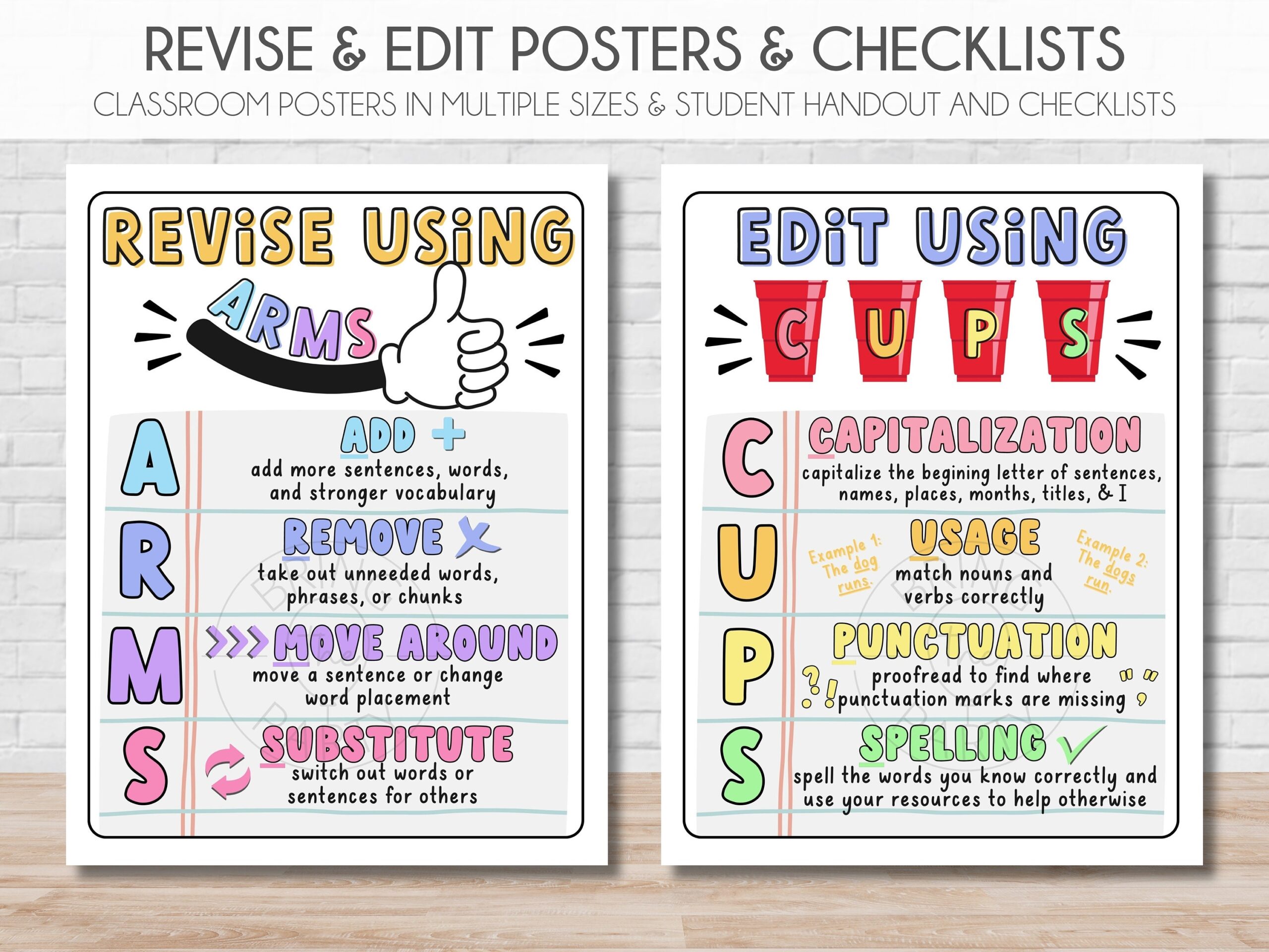 Revise Edit Posters Checklists CUPS Editing Writing Strategy ARMS Revision Writing Strategy Writing Checklist Instant Download Etsy
