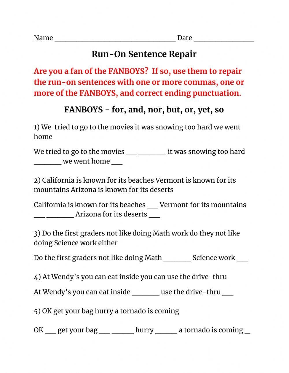 Editing Run On Sentences Printable Worksheets