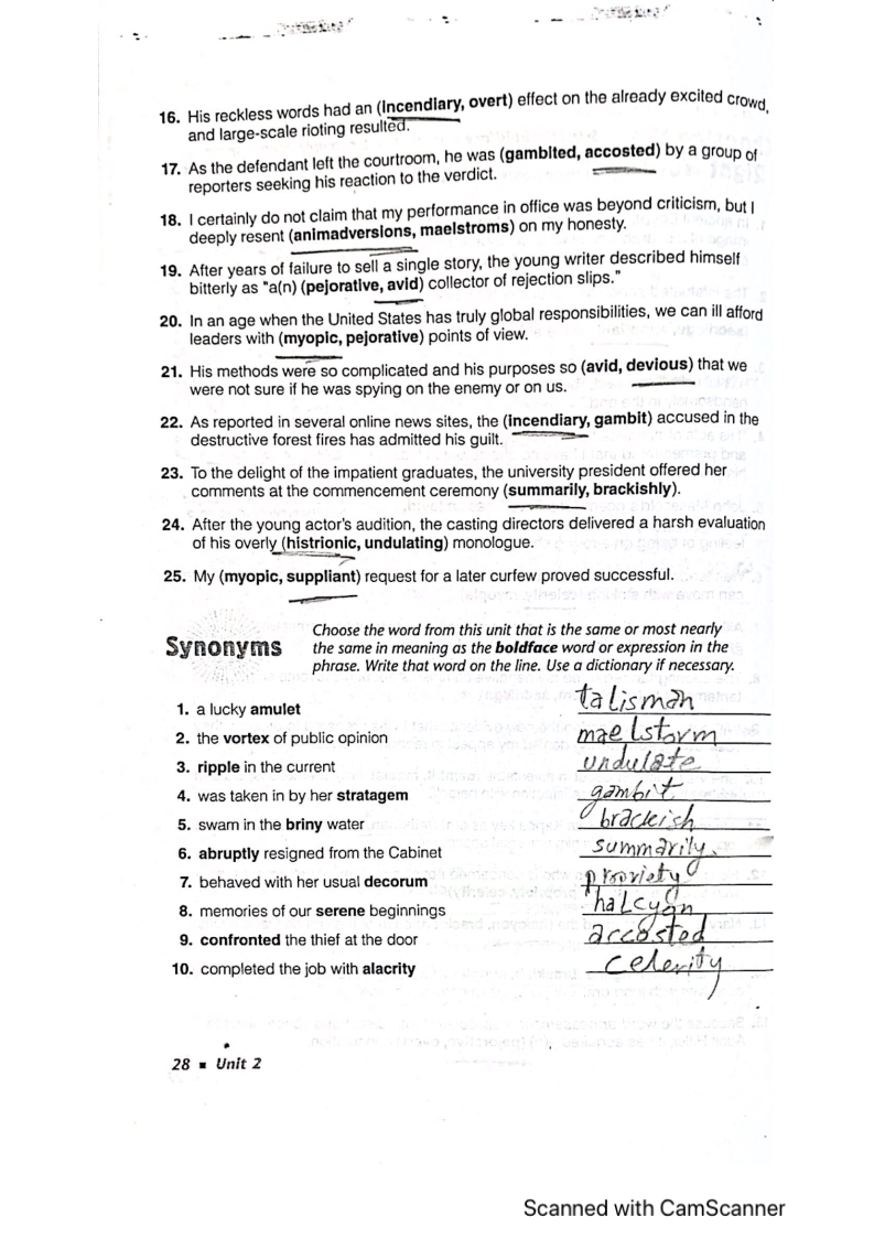 Sadlier Vocabulary Workshop Enriched Edition Level G Unit 2 Answers