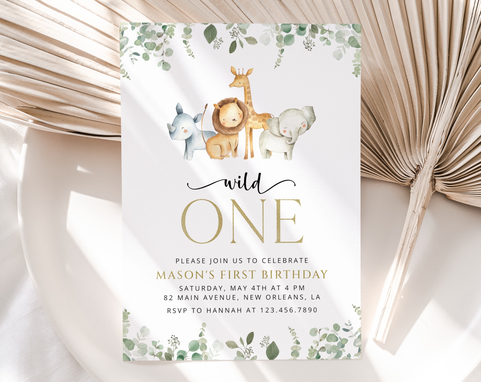Safari Animals First Birthday Invitation Birthday Stationery