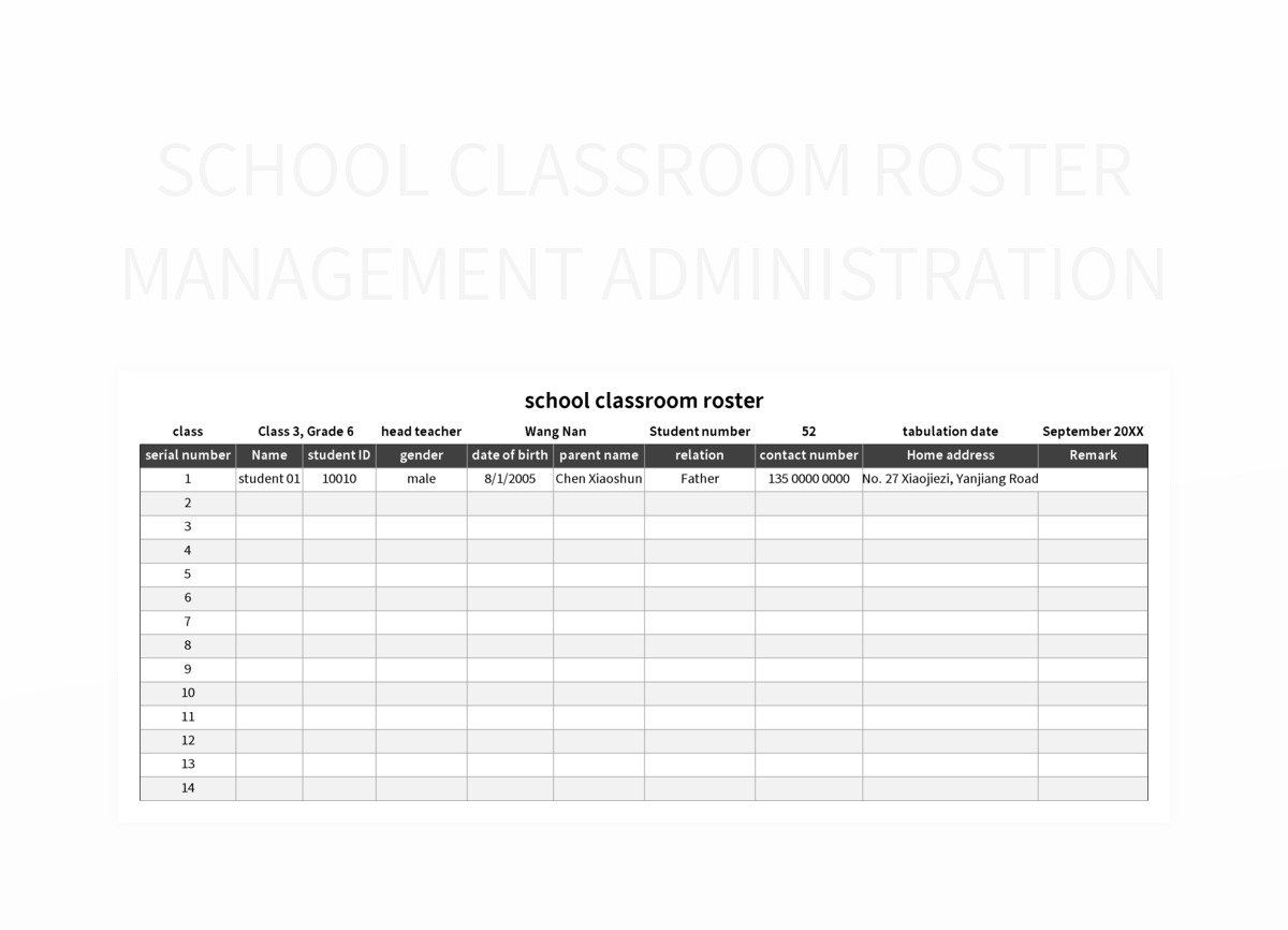 School Classroom Roster Management Administration Excel Template And Google Sheets File For Free Download Slidesdocs