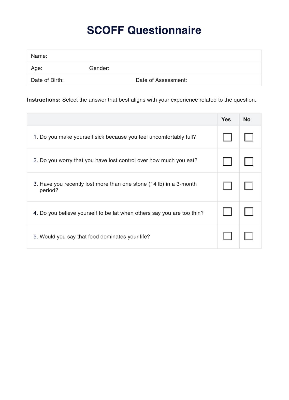 Eating Disorder Examination Edition 16.0 Printable