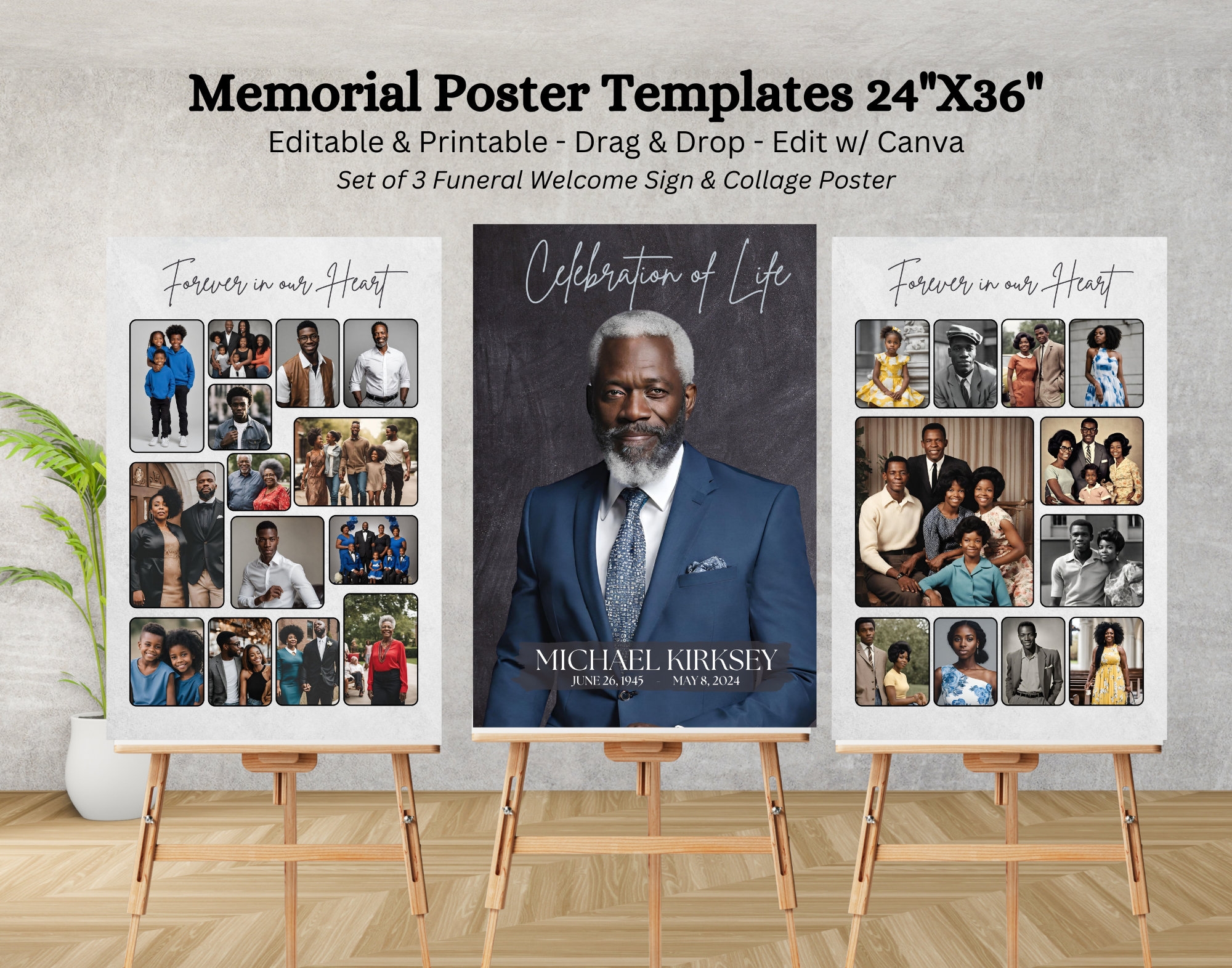Set Of 3 Funeral Posters Memorial Poster Template 24x36 Inch Collage Poster Welcome Sign Editable Printable Get Instant Download Etsy