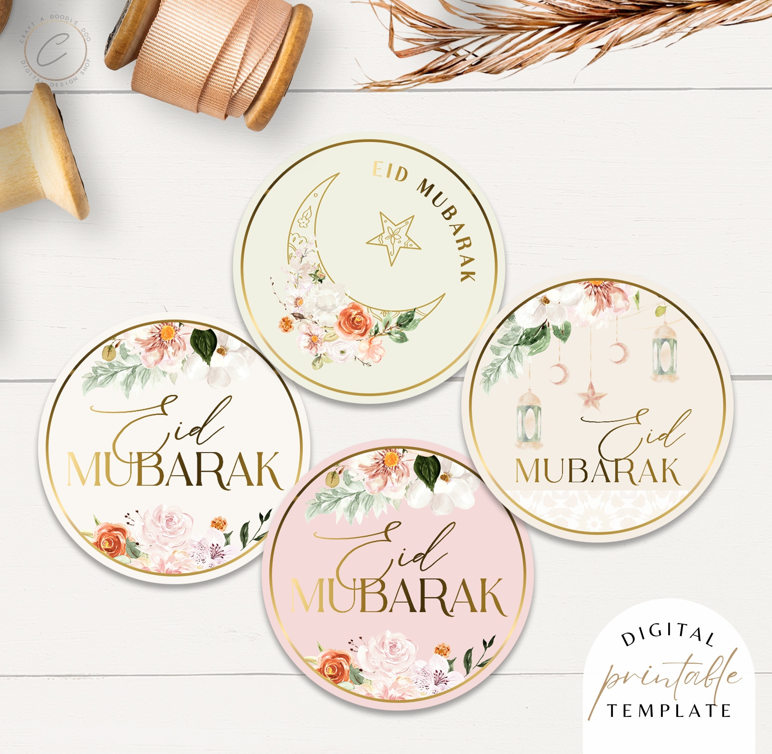 Set Of 4 Eid Mubarak Stickers Eid Gift Favor Tags Printable DIGITAL DOWNLOAD Ramadan Party Decoration For Kids Floral Moon Islamic Label Etsy