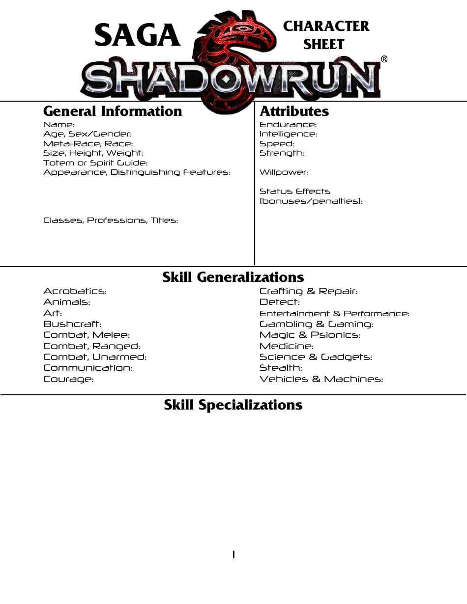 Printable Shadowrun 2nd Edition Character Sheet