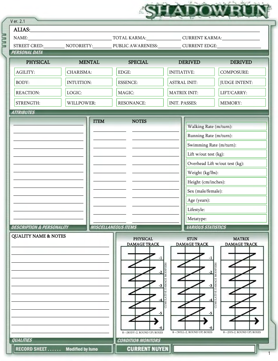 Shadowrun Character Sheet Green Download Fillable PDF Templateroller