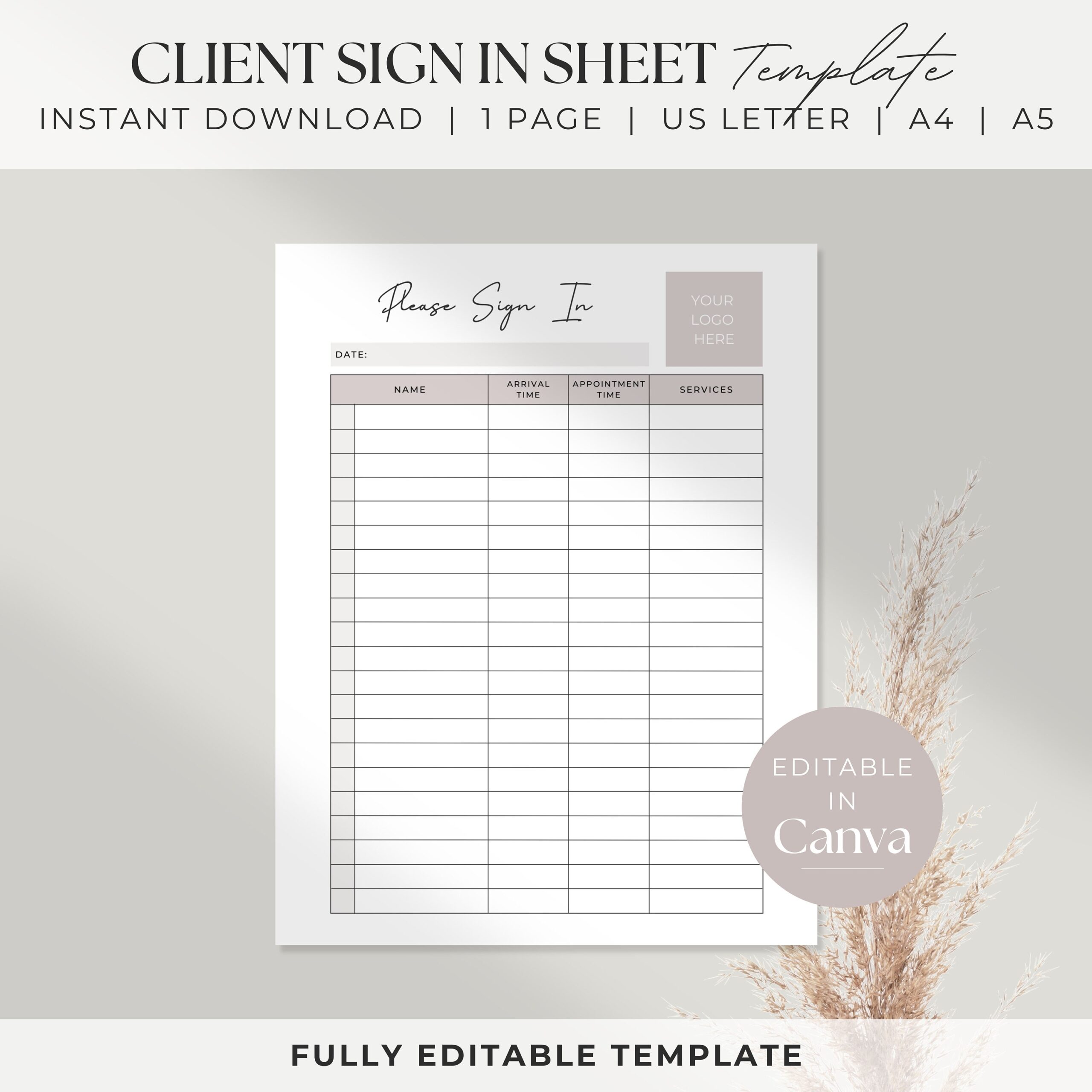 4 Column Salon Sign In Sheet Printable Editable