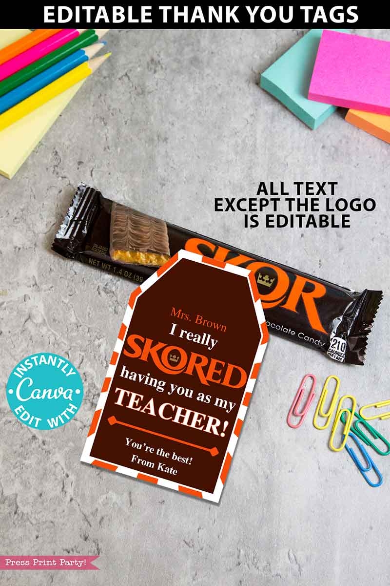 Skor Candy Bar Thank You Printable Gift Tag Press Print Party 