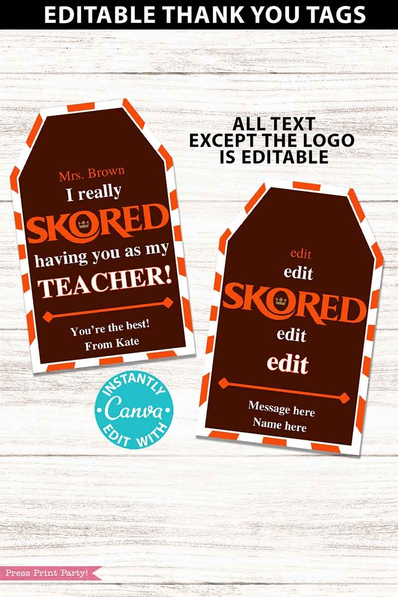 Skor Candy Bar Thank You Printable Gift Tag Press Print Party 