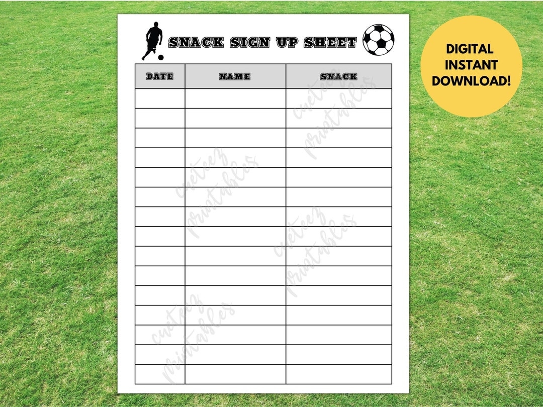 Snack Sign Up Sheet For Soccer Games Printable For Sign Up Sheet For Soccer Teams Instant Download PDF Etsy