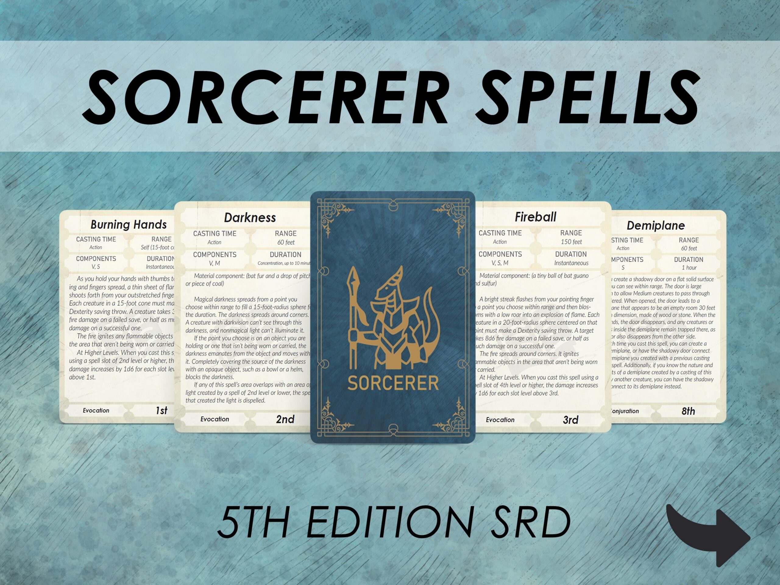 Pathfinder 2nd Edition Sorcerer Printable Spell Cards