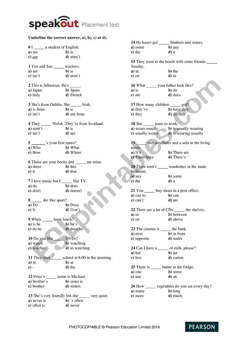 Speakout Placement Test ESL Worksheet By Nadjib2222