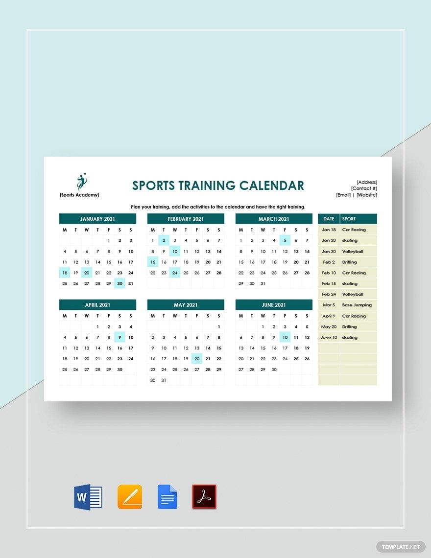 Sports Training Calendar Template In Google Docs Pages Word PDF Download Template