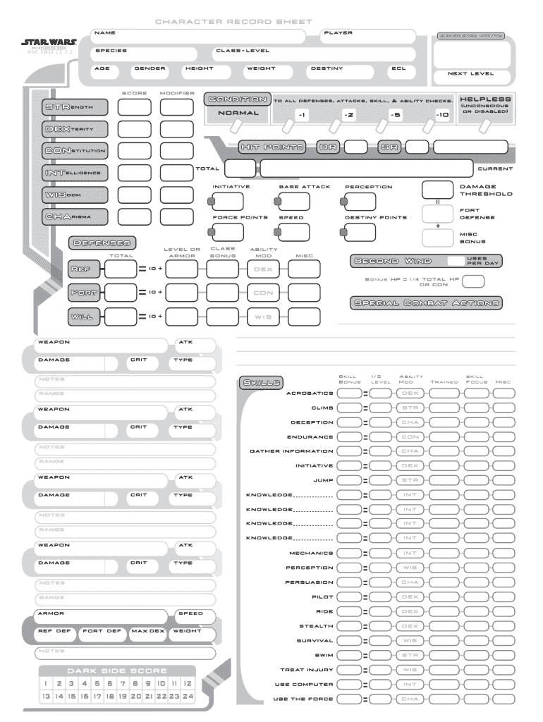Star Wars Character Record Sheet Fill Online Printable Fillable Blank PdfFiller