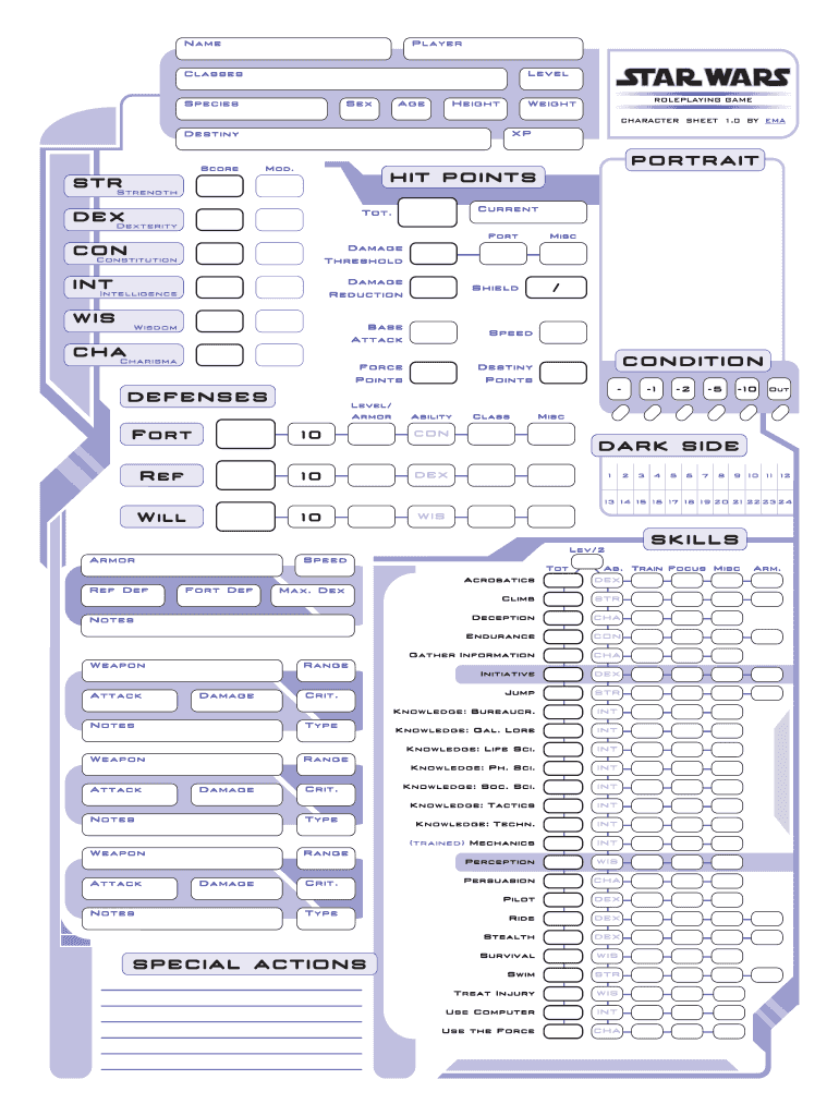 Star Wars D20 Character Sheet Fill Online Printable Fillable Blank PdfFiller