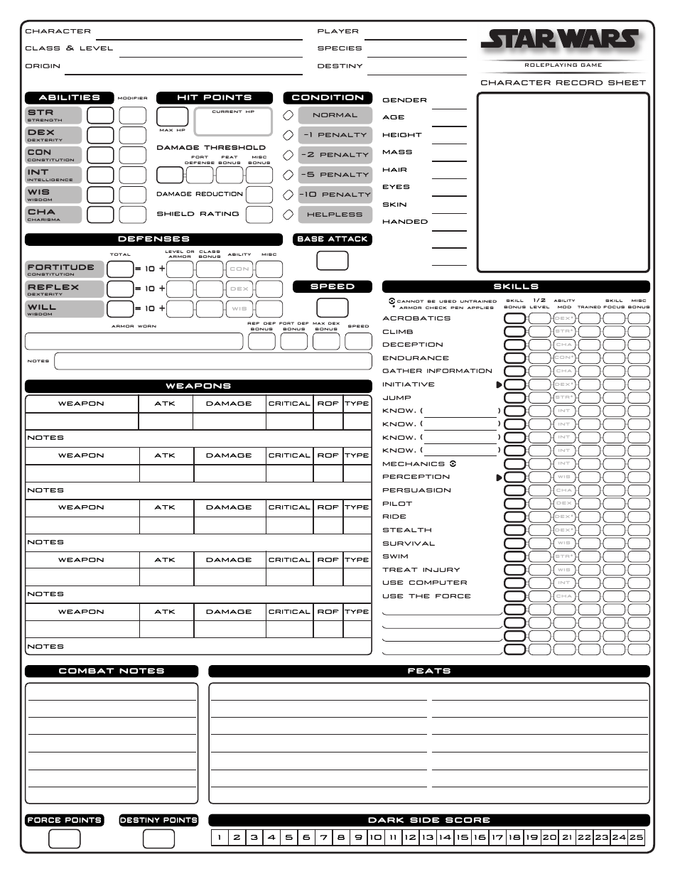 Star Wars Roleplaying Game Character Record Sheet Download Printable PDF Templateroller