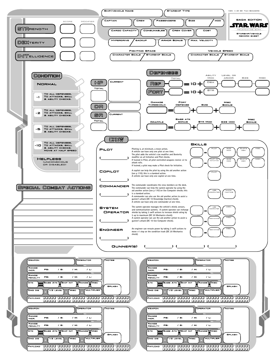 Star Wars Saga Edition Starship Vehicle Record Sheet Download Printable PDF Templateroller