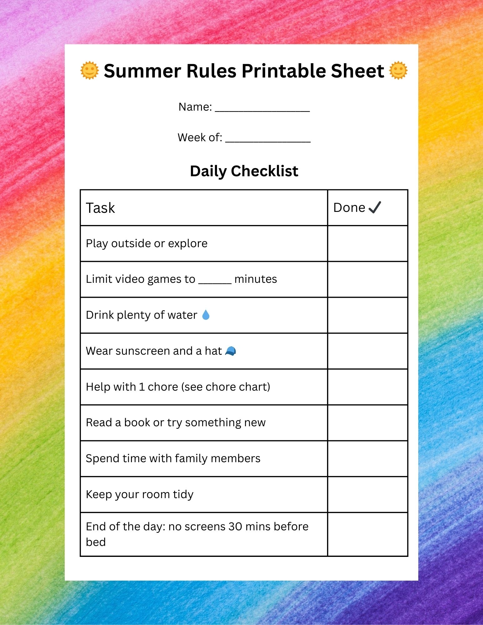 Summer Rules Printable Sheet For Kids