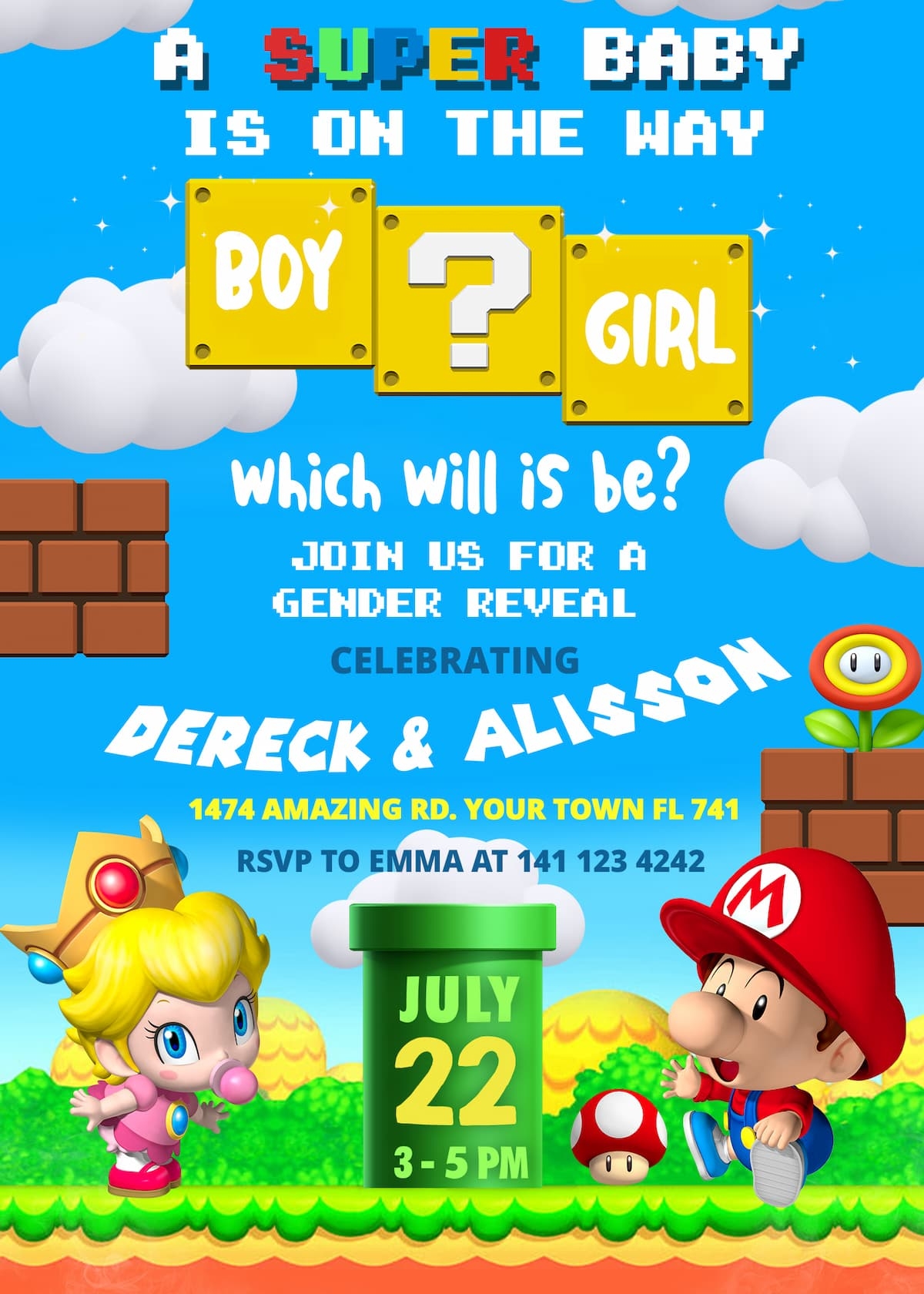 SUPER MARIO OR PRINCESS PEACH GENDER REVEAL INVITATION Oscarsitosroom Great Price 6 00 