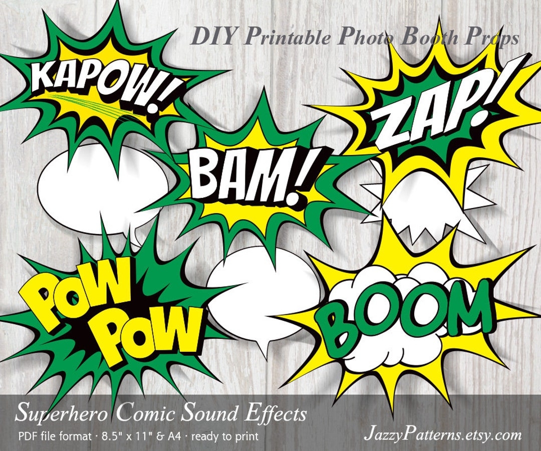 Superhero Comic Balloons Burst Bubble Sound Effects In Green Yellow And Black Word Balloons Printable Instant Download Etsy
