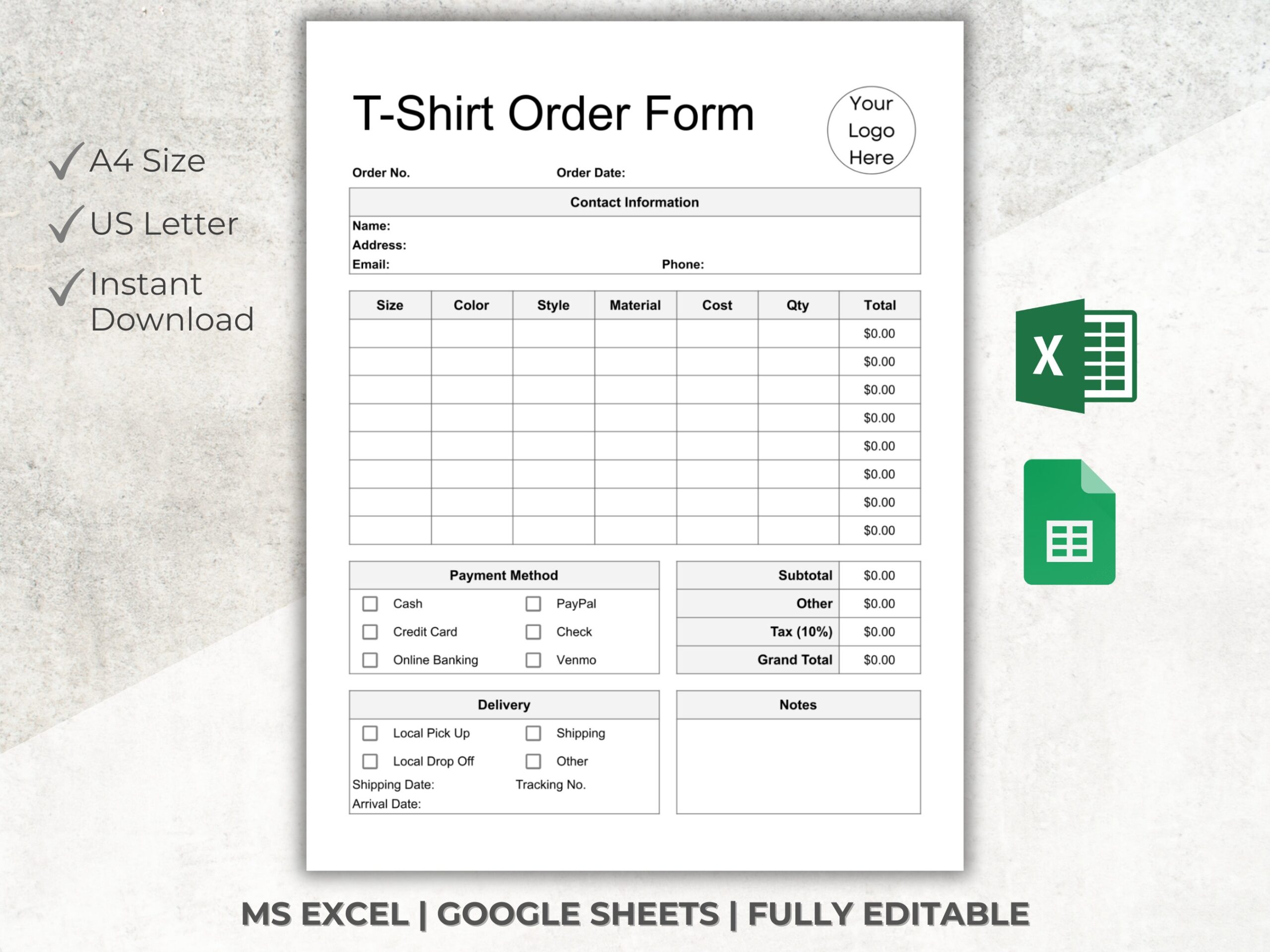 T shirt Order Form Excel Editable T shirt Order Template Google Sheets Printable Order Form Small Business Forms Custom Order Etsy