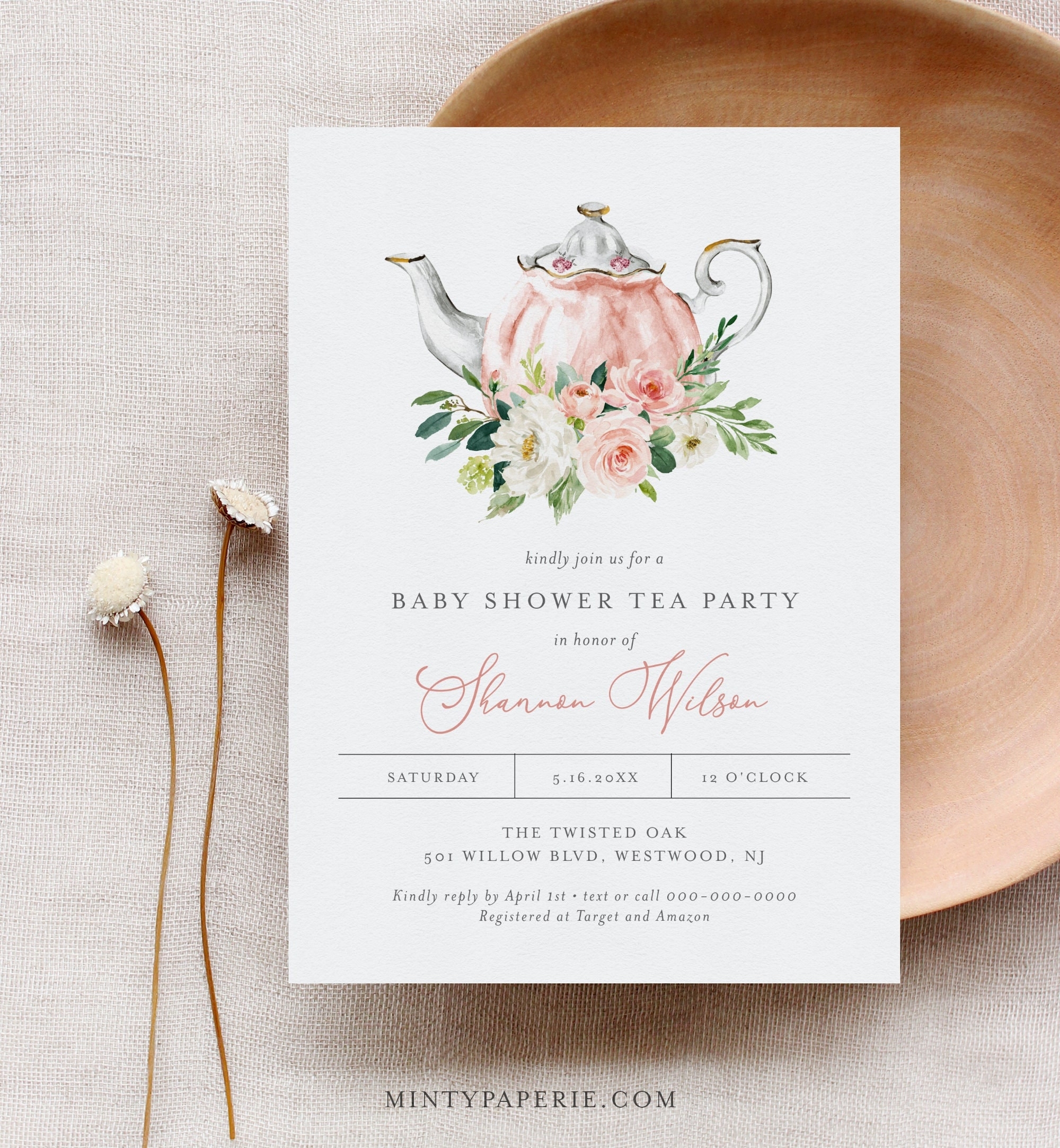 Tea Party Baby Shower Invitation Template 100 Editable Text Printable Teapot Baby Shower Invite Templett Instant Download 085C 237BA