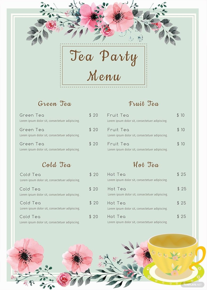 Tea Party Menu Template In Word Publisher Illustrator PSD Pages Download Template