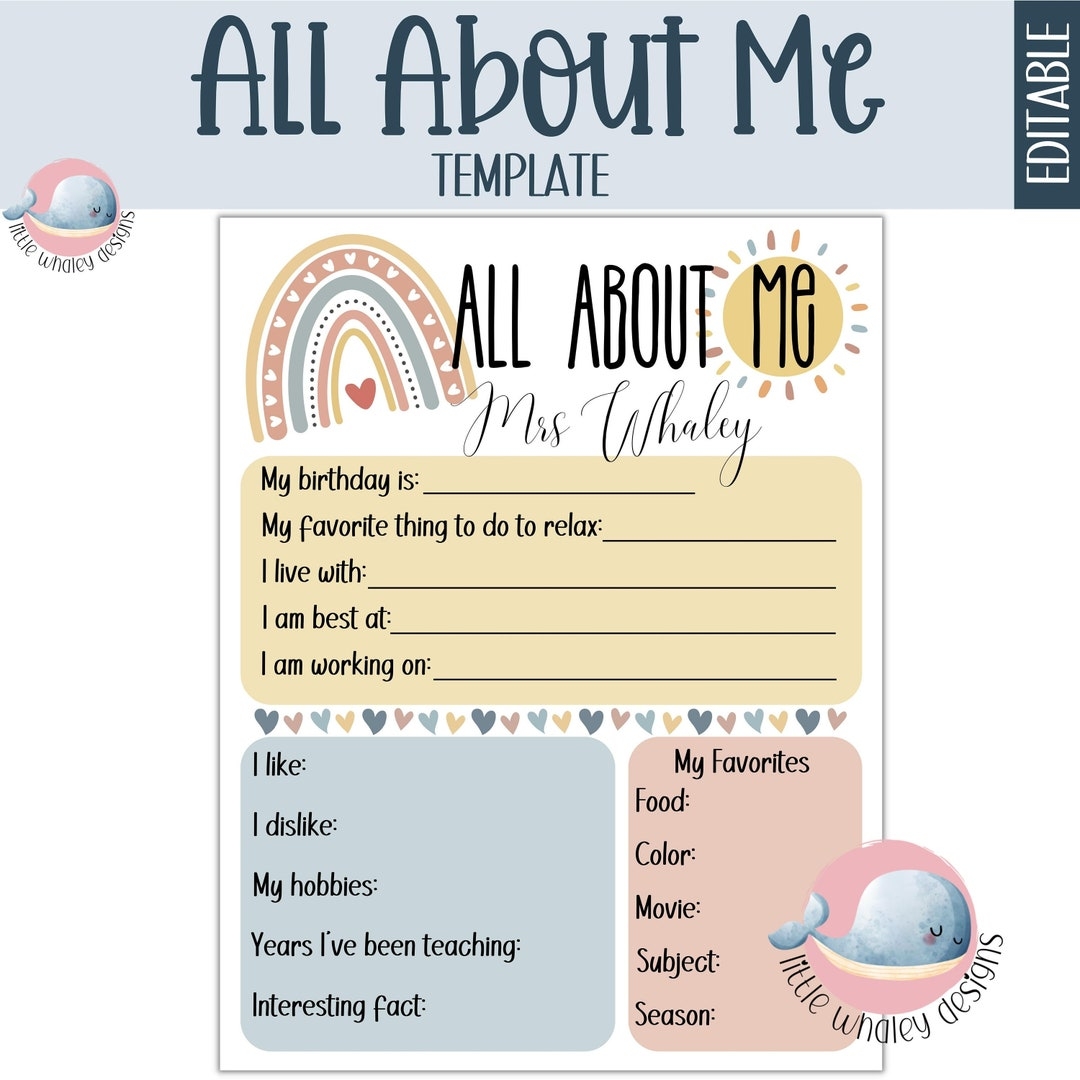 Teacher All About Me Editable Template Printable Meet The Teacher Teacher Questionnaire School Open House Teacher Get To Know You Etsy