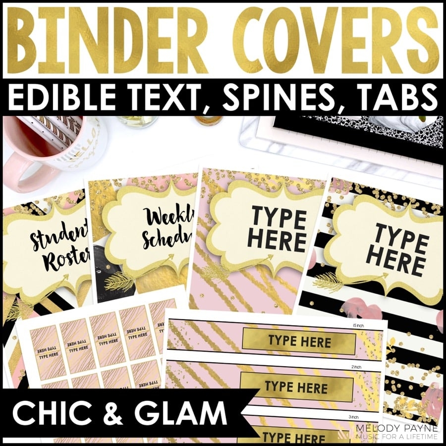 Teacher Binder Covers And Spines In Chic Glam Gold Glitter Editable Text Melody Payne Music For A Lifetime