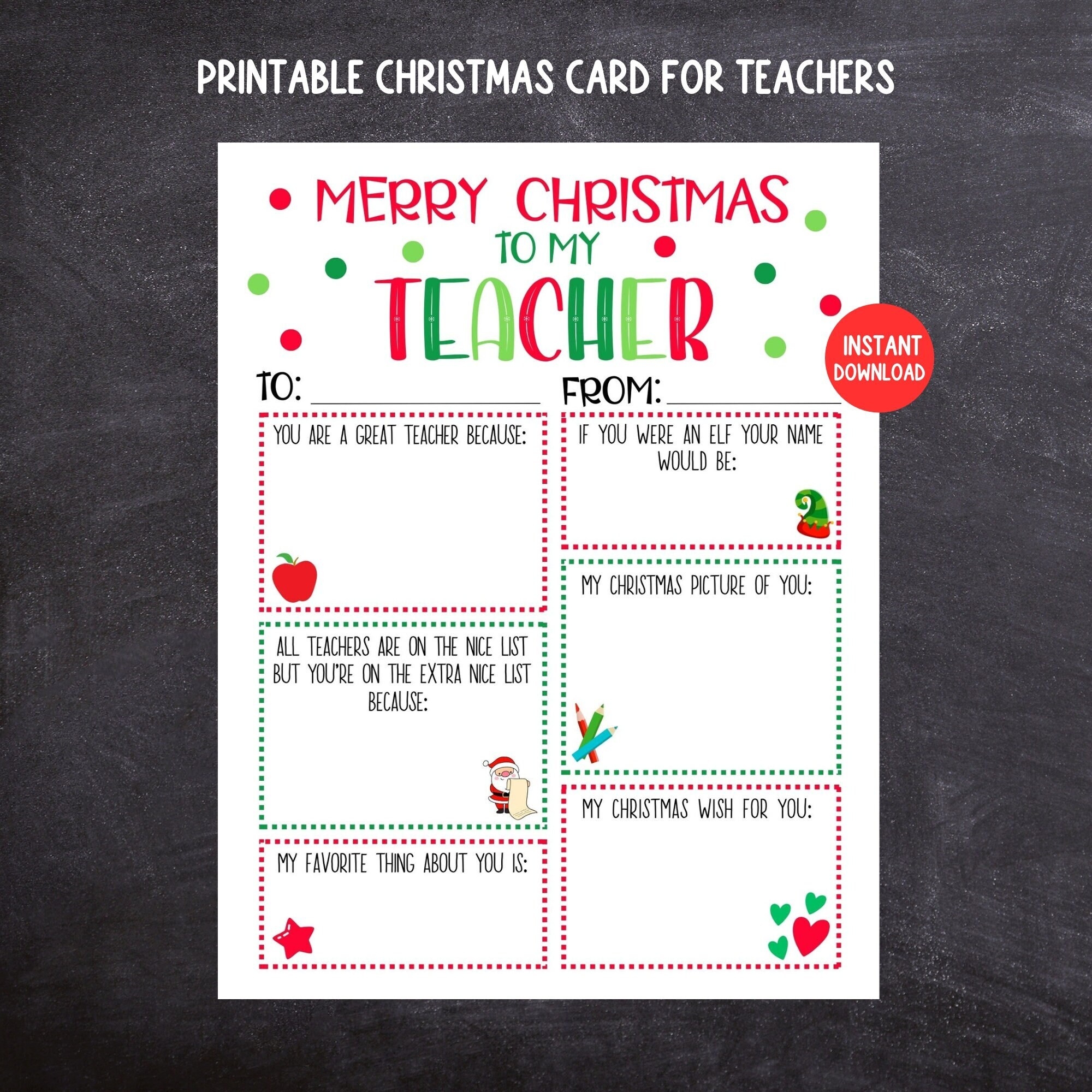Teacher Christmas Card Printable Kids Christmas Card For Teachers Teacher Keepsake Kids Fill In The Blank Christmas Card For Teacher Etsy